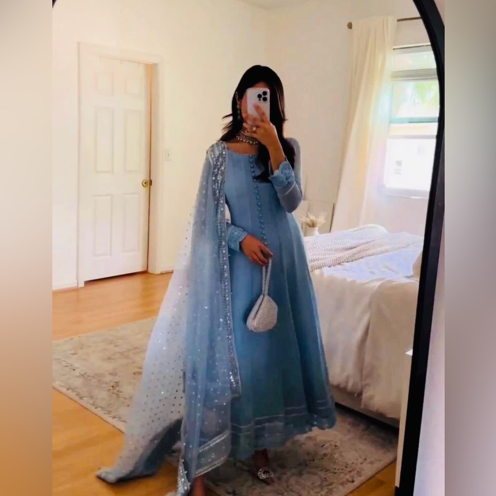 Light Blue Anarkali Style Gown With Dupatta
